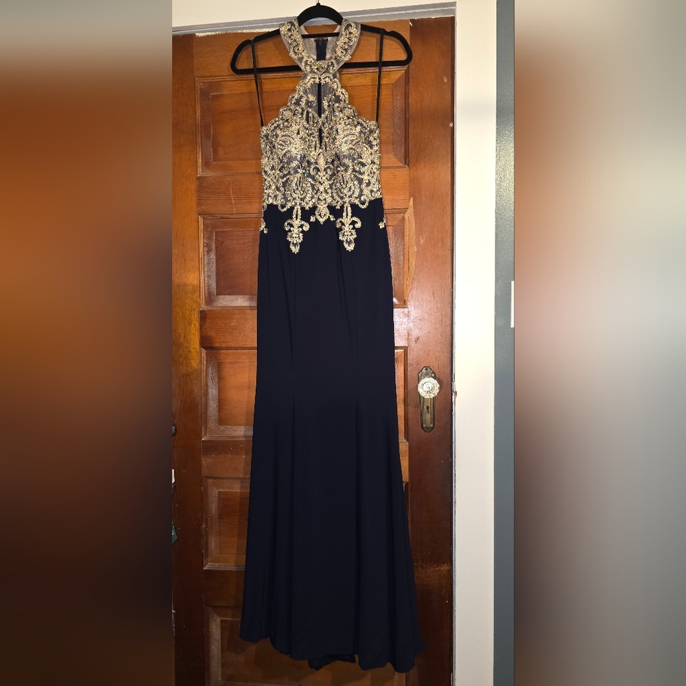 xscape gold dress | Dresses | Xscape Elegant Navy And Halter Lace gown